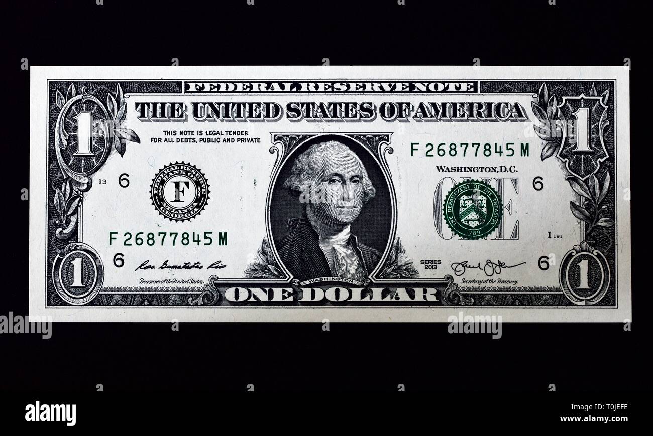 United States one-dollar Bill auf schwarzem Hintergrund Stockfoto