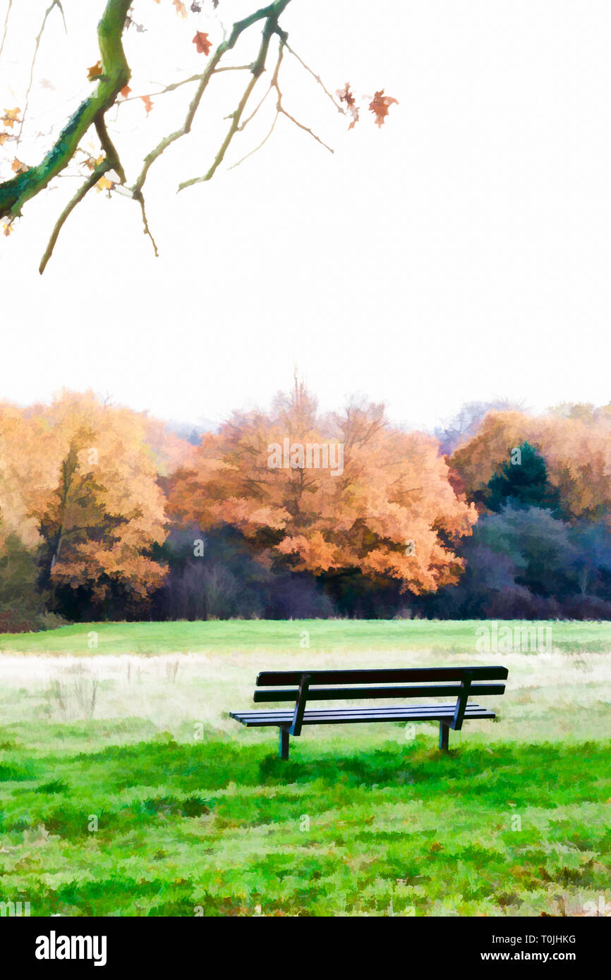 Digitale Illustration einer nicht besetzten Holz Parkbank mit Blick auf einen Wald Wiese zu einer Reihe von Golden-blätterte Eichen im Herbst Stockfoto
