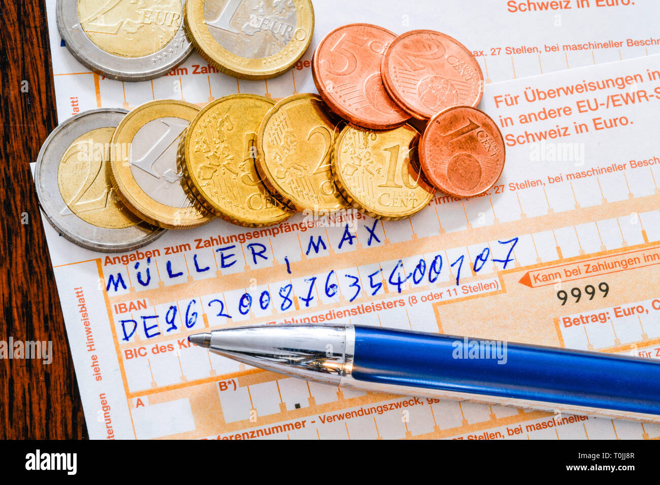 IBAN Überweisung, IBAN-Überweisung Formular Stockfoto