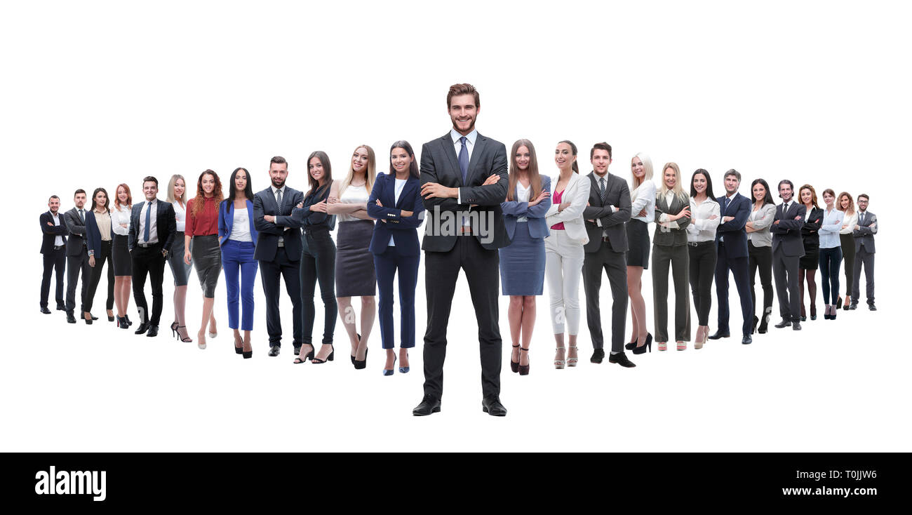 Leader steht auf dem Hintergrund eines großen Unternehmens- Team Stockfoto