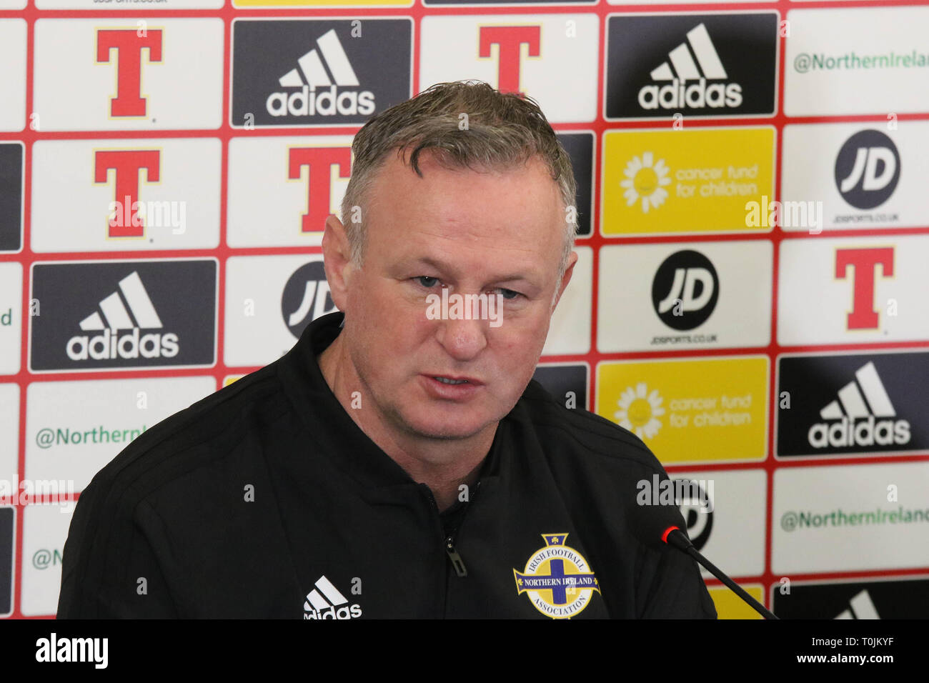 Windsor Park, Belfast, Nordirland. 20. März 2019. Nordirland Manager Michael O'Neill auf der heutigen Pressekonferenz in Belfast. Nordirland spielen Estland im Windsor Park morgen Abend in ihrem öffnung UEFA EURO Qualifikationsspiel 2020. Quelle: David Hunter/Alamy Leben Nachrichten. Stockfoto