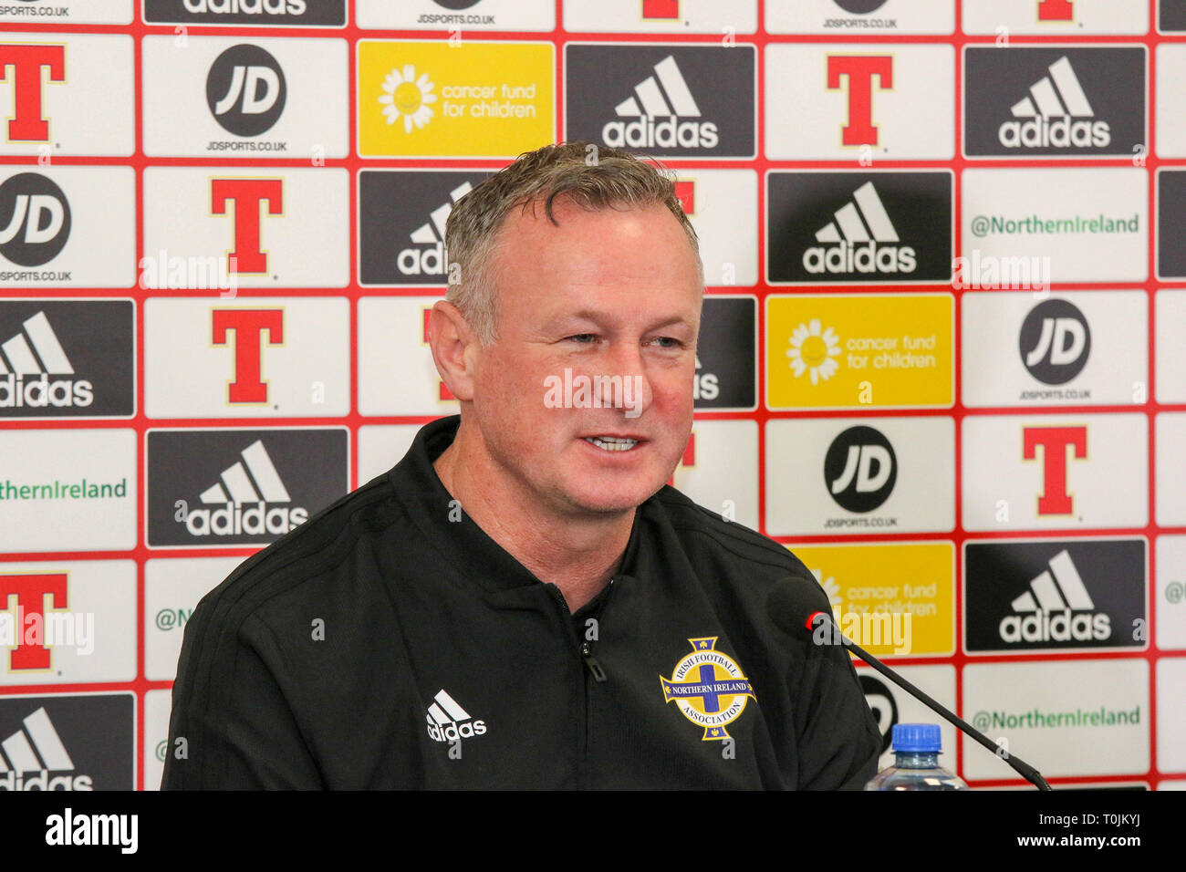 Windsor Park, Belfast, Nordirland. 20. März 2019. Nordirland Manager Michael O'Neill auf der heutigen Pressekonferenz in Belfast. Nordirland spielen Estland im Windsor Park morgen Abend in ihrem öffnung UEFA EURO Qualifikationsspiel 2020. Quelle: David Hunter/Alamy Leben Nachrichten. Stockfoto