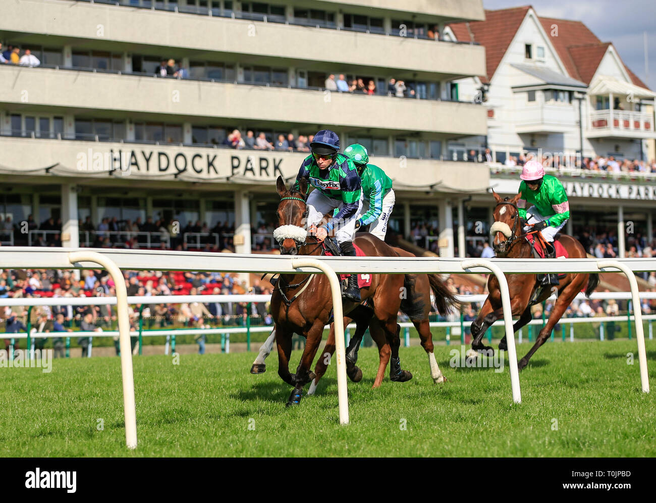 Haydock Park Racecourse, Merseyside, UK. 20 Mär, 2019. Pferderennen in Haydock Park; Gavin Sheehan auf Escort 'NaMix führt rund um den ersten Stromkreis in der Racing School's Mare Novizen Hürde Credit: Aktion plus Sport/Alamy leben Nachrichten Stockfoto