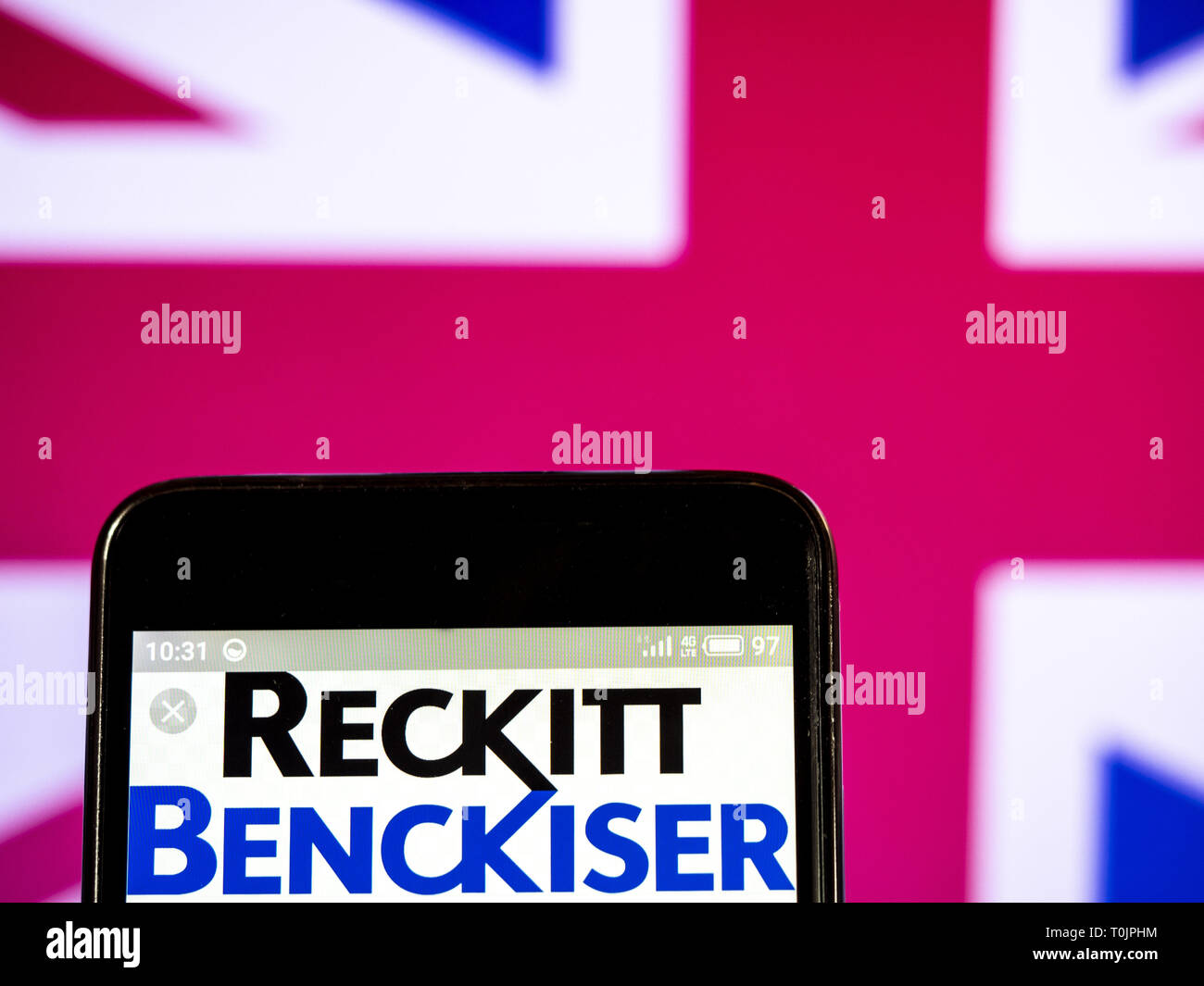 In der Ukraine. 20 Mär, 2019. Reckitt Benckiser Group PLC/N.V. Firmenlogo gesehen auf einem Smartphone angezeigt. Quelle: Igor Golovniov/SOPA Images/ZUMA Draht/Alamy leben Nachrichten Stockfoto