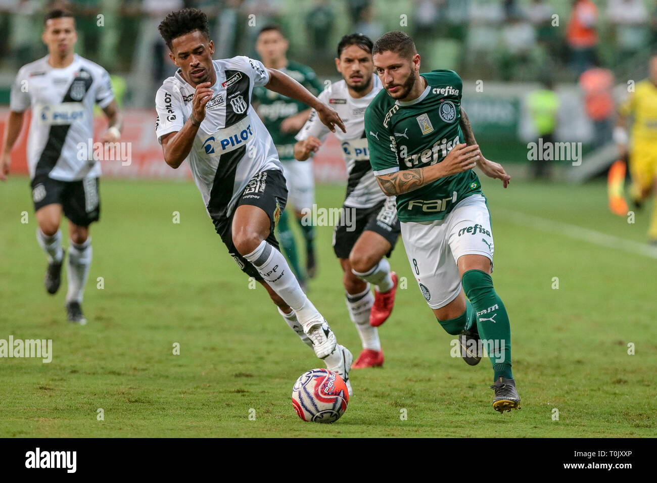 SP - Sao Paulo - 03/20/2019 - Paulista 2019 - Palmeiras X Ponte Preta-Ze Rafael tun Palmeiras Streitigkeiten Angebot mit Luis Ricardo do Ponte Preta während eines Spiel im Estadio Arena Allianz Parque für die Meisterschaft Paulista 2019 Foto: Ale Cabral/AGIF Stockfoto