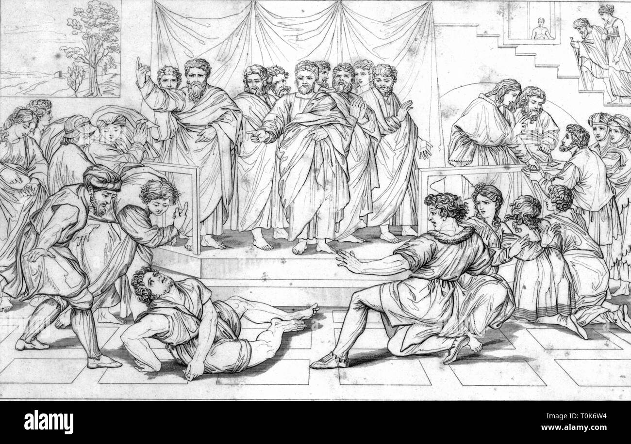 Religion, biblische Szenen, "Der Tod des Ananias", Stahlstich, 19. Jahrhundert, nach einem Gemälde von Raffaello Sanzio (Raphael), 1514/1515, Additional-Rights - Clearance-Info - Not-Available Stockfoto