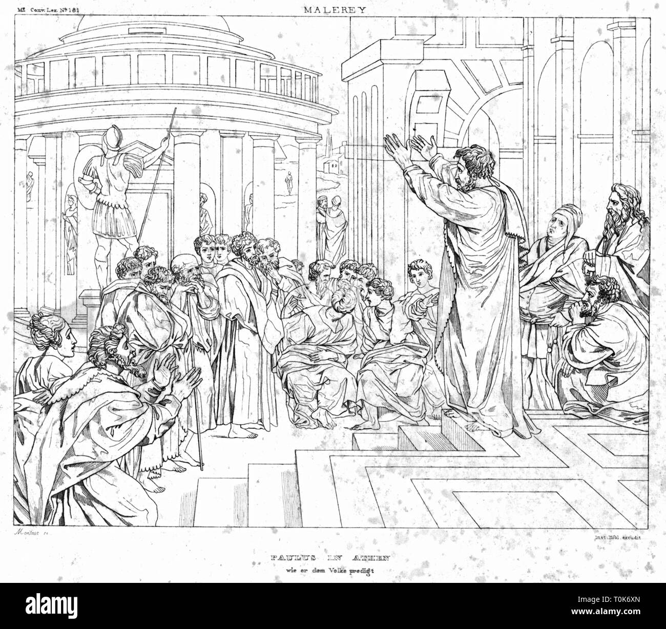 Religion, biblische Szenen, 'St. Paulus predigt in Athen", Stahlstich, 19. Jahrhundert, nach einem Gemälde von Raffaello Sanzio (Raphael), 1515 Additional-Rights - Clearance-Info - Not-Available Stockfoto