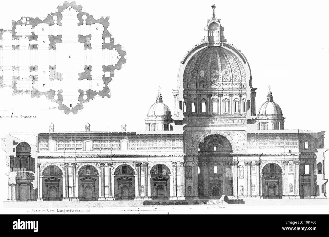 Geographie/Reisen, Italien, Rom, Vatikan, Kirchen, St. Peter's Basilica, erbaut 1506 - 1626, Querschnitt, Illustration aus "enkmaeler der Kunst' (Denkmäler der Kunst), von Wilhelm Luebke und Carl-von Luetzow, 3. Auflage, Stuttgart 1879, Band 2, Stahlstich von H. Gugeler, nach Zeichnung von Wilhelm Riefstahl, Kapitel über Architektur, Platte XLVII, Lübke, Lubke, Lützow, Lützow, St. Peter's Basilica, Eucharistiefeier Basilika di San Pietro, Päpstliche Basilika St. Peter, Kirchenstaat, Papsttum, Dom, Dome, Südeuropa, Kapital, Hauptstadt, Additional-Rights - Clearance-Info - Not-Available Stockfoto