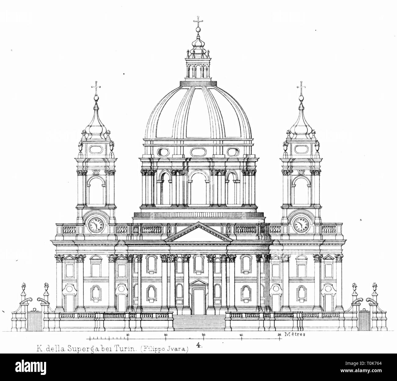 Geographie/Reisen, Italien, Turin, Kirchen, Basilika Superga, Baujahr: 1717 - 1731, Architekt: Filippo Juvarra, Illustration aus "enkmaeler der Kunst' (Denkmäler der Kunst), von Wilhelm Luebke und Carl-von Luetzow, 3. Auflage, Stuttgart 1879, Band 2, Stahlstich von H. Gugeler, nach Zeichnung von Wilhelm Riefstahl, Kapitel über Architektur, Platte XLIX, Südeuropa, Kirchen, Architektur, 18. Jahrhundert, Wallfahrtskirche, Wallfahrtskirchen, Barock, heilige, religiöse, Gebäude, Gebäude, historische, historischen Denkmaler, Denkmäler, Lübke,, Additional-Rights - Clearance-Info - Not-Available Stockfoto