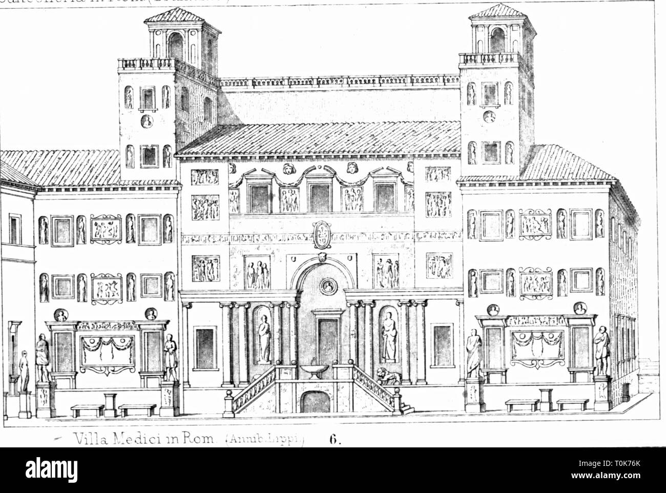 Geographie/Reisen, Italien, Rom, Gebäude, Villa Medici, 1544 abgeschlossen, Außenansicht, Illustration aus "enkmaeler der Kunst' (Denkmäler der Kunst), von Wilhelm Luebke und Carl-von Luetzow, 3. Auflage, Stuttgart 1879, Band 2, Stahlstich von H. Gugeler, nach Zeichnung von Wilhelm Riefstahl, Kapitel über Architektur, Platte XLVI, Renaissance, Südeuropa, Kapital, Hauptstadt, Hauptstädte, Hauptstadt, Metropole, Gebäude, 16. Jahrhundert, historische, historischen Denkmaler, Denkmäler, Lubke, Lübke, Additional-Rights - Clearance-Info - Not-Available Stockfoto