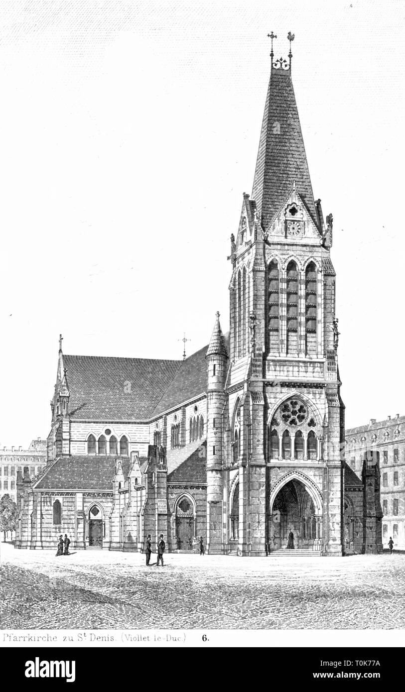 Geographie/reisen, Frankreich, Paris, Kirchen, Eglise Saint-Denis-de-l'Estree, erbaut 1864 - 1867, Architekt: Eugene Viollet-le-Duc, Illustration aus "enkmaeler der Kunst' (Denkmäler der Kunst), von Wilhelm Luebke und Carl-von Luetzow, 3. Auflage, Stuttgart 1879, Band 2, Stahlstich nach Zeichnung von Baldinger, Kapitel über Architektur, Platte LXII, Denkmaler, Denkmäler, Lubke, Lübke, Lützow, Lützow, historischen, geschichtlichen, Saint Denis de l'Estree, Estree, Viollet Le Duc, heilige Gebäude, Sakralbauten, Französisch, Kirche, Additional-Rights - Clearance-Info - Not-Available Stockfoto