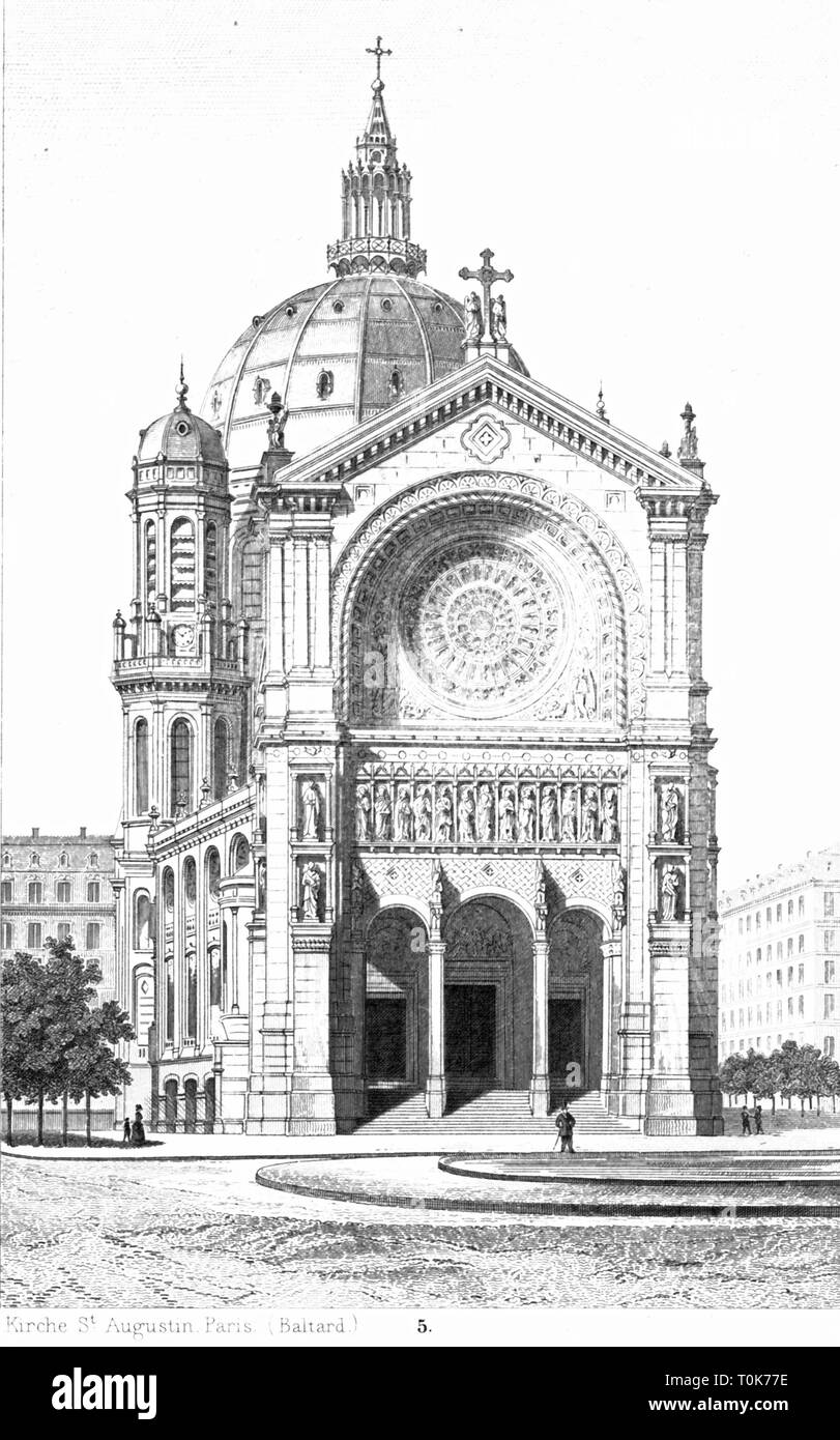 Geographie/reisen, Frankreich, Paris, Kirchen, die Kirche von St. Augustine (Eglise Saint-Augustin), erbaut 1860 - 1871, Architekt: Victor Baltard, Außenansicht, Illustration aus "enkmaeler der Kunst' (Denkmäler der Kunst), von Wilhelm Luebke und Carl-von Luetzow, 3. Auflage, Stuttgart 1879, Band 2, Stahlstich nach Zeichnung von Baldinger, Kapitel über Architektur, Platte LXII, Denkmaler, Denkmäler, Lubke, Lübke, Lützow, Lützow, historische, historische, 19. Jahrhundert, Französisch, Saint Augustin, heilige Gebäude, Sakralbauten, Additional-Rights - Clearance-Info - Not-Available Stockfoto