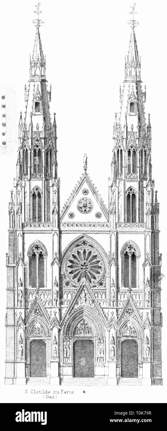 Geographie/reisen, Frankreich, Paris, Kirchen, Basilika St. Clotilde, erbaut 1846 - 1856, Architekt: Francois-Chretien Gau, Außenansicht, Illustration aus "enkmaeler der Kunst' (Denkmäler der Kunst), von Wilhelm Luebke und Carl-von Luetzow, 3. Auflage, Stuttgart 1879, Band 2, Stahlstich von H. Walther, nach Zeichnung von W. Bogler, Kapitel über Architektur, Platte LVII, historische, historischen Denkmaler, Denkmäler, Lubke, Lübke, Lützow, Lützow, 19. Jahrhundert, Francois Chretien, Kirche, Kirche, Kirchen, Sakralbauten, Heilige, buildi Additional-Rights - Clearance-Info - Not-Available Stockfoto