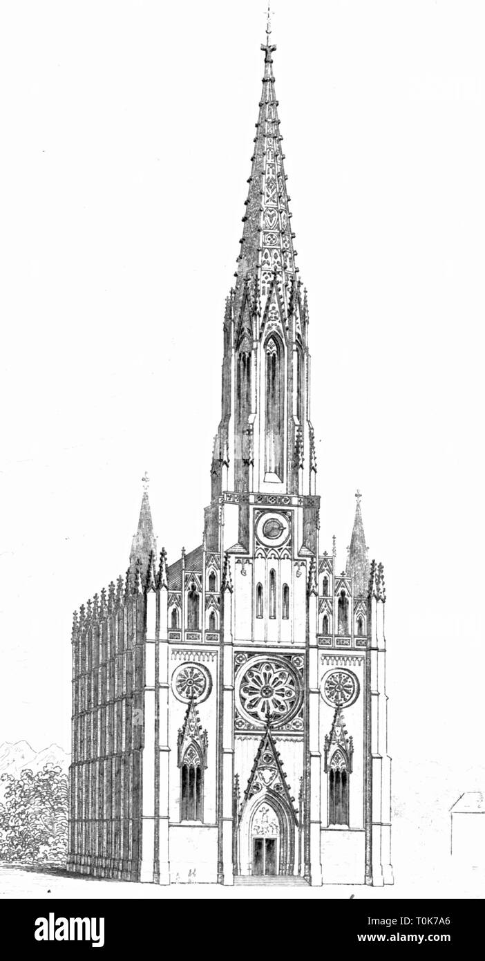 Geographie/Reisen, Deutschland, Bayern, München, Kirchen Mariahilfkirche, erbaut 1831 - 1839, Architekt: Joseph Daniel Ohlmueller, Außenansicht, Illustration aus "enkmaeler der Kunst' (Denkmäler der Kunst), von Wilhelm Luebke und Carl-von Luetzow, 3. Auflage, Stuttgart 1879, Band 2, Stahlstich von H. Gugeler, nach Zeichnung von Wilhelm Riefstahl, Kapitel über Architektur, Platte LI, 19. Jahrhundert, Kirche, Kirchen, Bayerische, gotischen Stil, Gotik, Gothic, neo-gotischen Stil, neo-gotischen, Gothic Revival, Gebäude, Gebäude, historische, historische, Additional-Rights - Clearance-Info - Not-Available Stockfoto