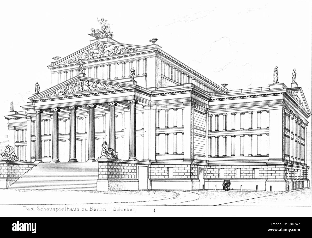 Geographie/Reisen, Deutschland, Berlin, Theater/Theater, Schauspielhaus, erbaut 1818 - 1821, Architekt: Karl Friedrich Schinkel, Außenansicht, Illustration aus "enkmaeler der Kunst' (Denkmäler der Kunst), von Wilhelm Luebke und Carl-von Luetzow, 3. Auflage, Stuttgart 1879, Band 2, Stahlstich von H. Gugeler, nach Zeichnung von Wilhelm Riefstahl, Kapitel über Architektur, Platte LI, 19. Jahrhundert, Klassik, Klassik, Classic, Konzerthaus, Konzerthaus, Theater, Theatern, historischen, historischen Denkmaler, Denkmäler, Lubke, Lübke, Lützow, Lützow, Additional-Rights - Clearance-Info - Not-Available Stockfoto