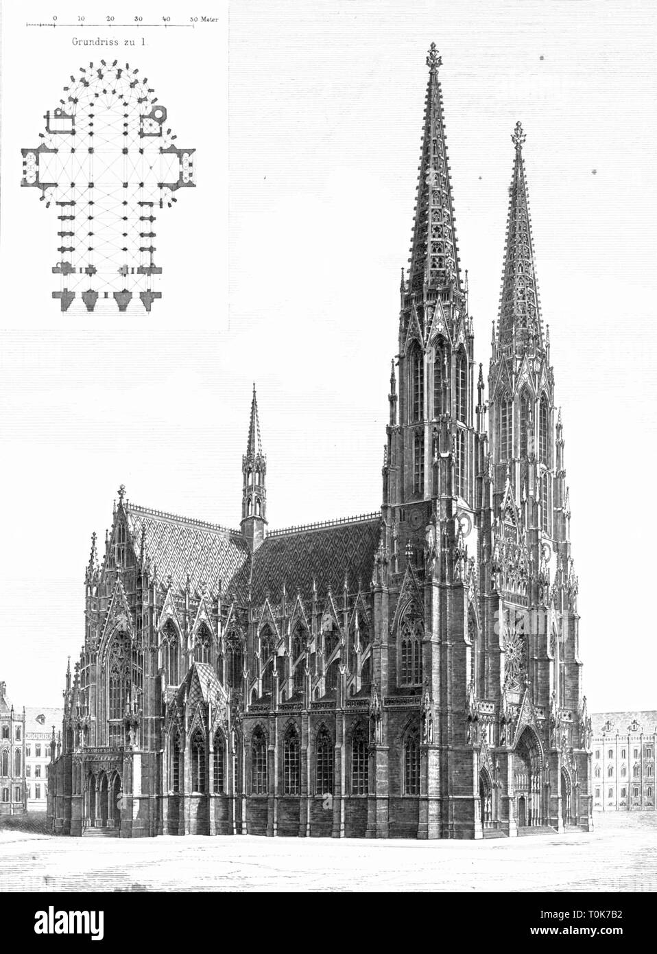 Geographie/Reisen, Österreich, Wien, Kirchen, Votivkirche (Votivkirche), erbaut 1856 - 1879, Architekt: Heinrich Ferstel, Außenansicht, Illustration aus "enkmaeler der Kunst' (Denkmäler der Kunst), von Wilhelm Luebke und Carl-von Luetzow, 3. Auflage, Stuttgart 1879, Band 2, Kapitel über Architektur, Platte LII, Stahlstich, Mitteleuropa, 19. Jahrhundert, Gebäude, historische, historischen, religiösen, Heilige, neo-gotischen, neo-gotischen Stil, Gothic Revival, Denkmaler, Denkmäler, Lübke, Lubke, Lützow, Lützow, Additional-Rights - Clearance-Info - Not-Available Stockfoto