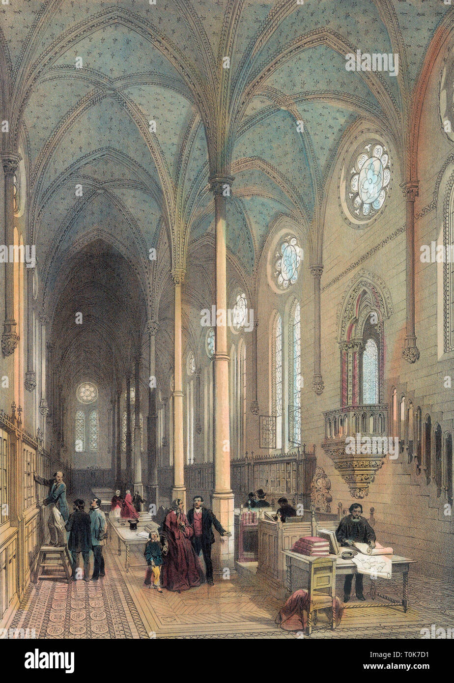 Mitte des 19. Jahrhunderts chromolithograph der Bibliothek des Musée des Arts et De - Ali, oder Museum für Kunst und Gewerbe, von denen einige in die Überreste der alten Klosterkirche von Saint-Martin-des-Champs, Paris, Frankreich untergebracht ist. Stockfoto