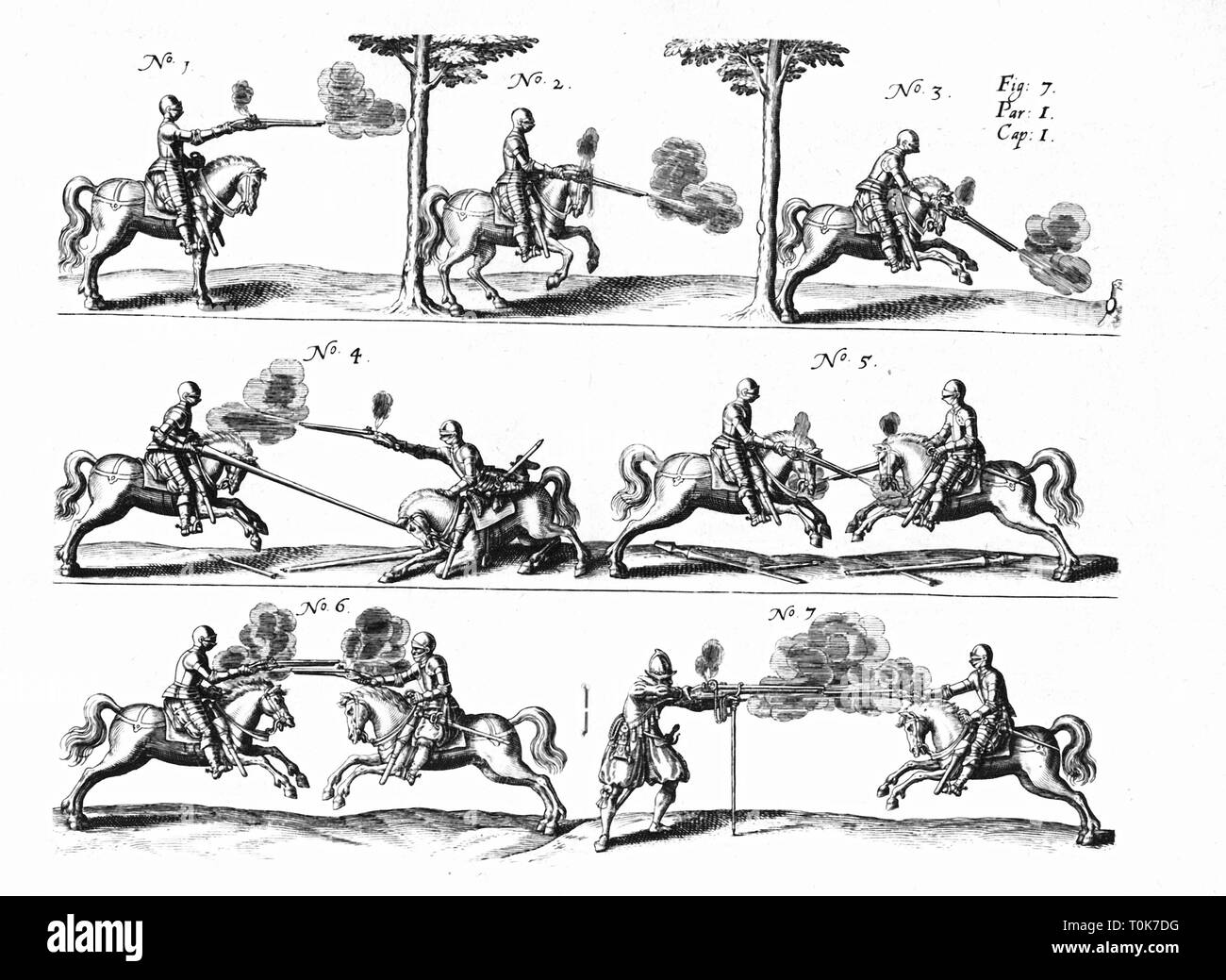 Militär, Ritter mit Feuerwaffen, Kupferstich, Illustration von 'Kriegskunst zu Pferdt" (Die Kunst des Krieges zu Pferd), von Johann Jacob von Wallhausen, Frankfurt am Main, Deutschland, 1616, Additional-Rights - Clearance-Info - Not-Available Stockfoto