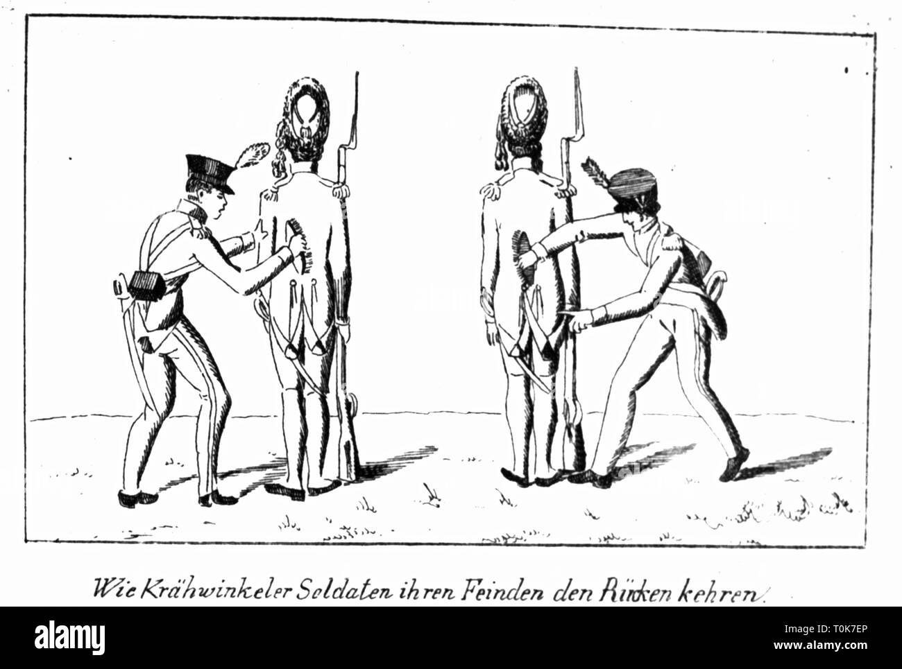 Militär, Karikatur, 'wie Soldaten aus Kraehwinkel Drehen der Rückseiten auf den Feind.", Radierung, 19. Jahrhundert, Bürsten, Pinsel, Bürsten, Soldat, Soldaten, Unterwürfigkeit, einheitliche, Uniformen, kulturelle Rückstau, Ironie, Ironie, Spott, Gewehr, Pistole, Gewehre, Pistolen, historisch, historische, Spott, Additional-Rights - Clearance-Info - Not-Available Stockfoto