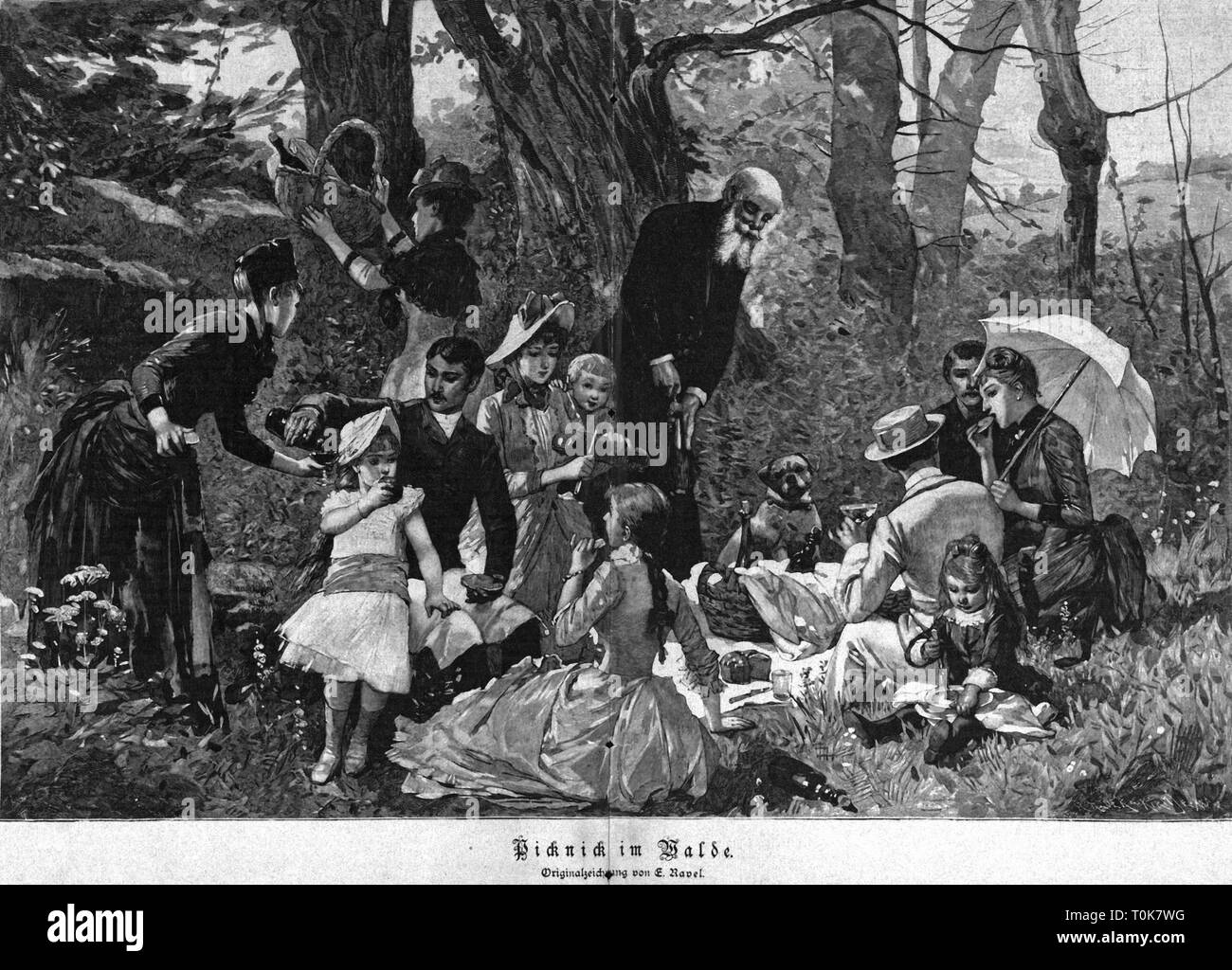 Gastronomie, Picknick, Familie mit Picknick im Wald, nach der ursprünglichen Zeichnung von E.Ravel, Holzstich, 1886, Additional-Rights - Clearance-Info - Not-Available Stockfoto