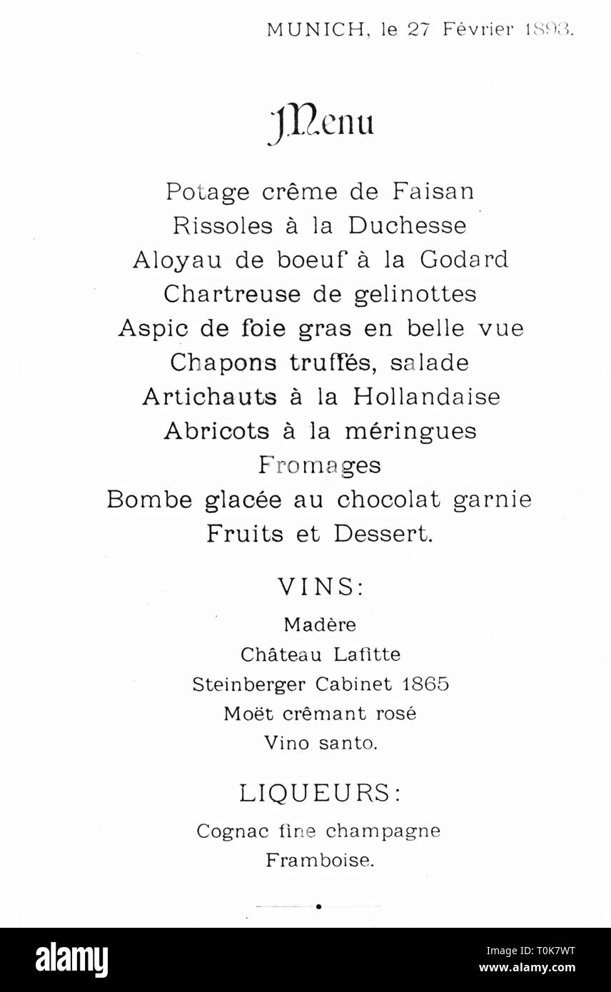 Gastronomie, Menü, Abendessen mit der Familie feiern silberne Hochzeit von Prinz Ludwig von Bayern, München, 27.2.1893, Additional-Rights - Clearance-Info - Not-Available Stockfoto