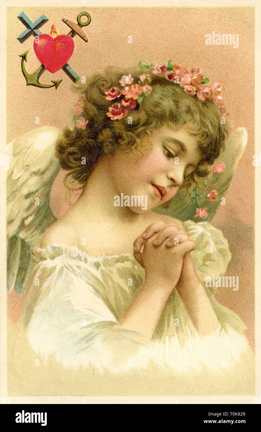 Kitsch/Souvenir, Engel, kleine Engel betend, Postkarte, Lithographie, Deutschland, 1917, Additional-Rights - Clearance-Info - Not-Available Stockfoto
