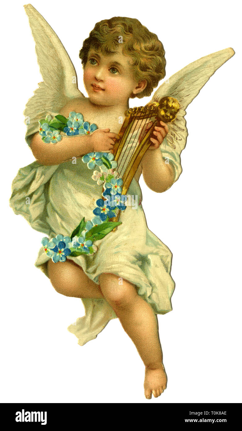 Kitsch/Souvenir, Engel, kleine Engel Harfe spielen, Deutschland, ca. 1880, Additional-Rights - Clearance-Info - Not-Available Stockfoto
