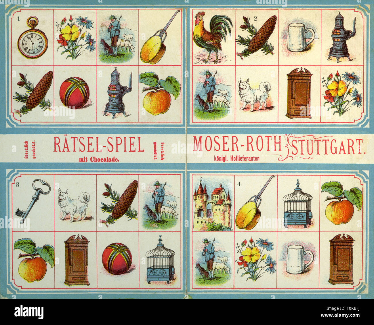 Spiel, puzzle Spiel mit Chocolade, kostenlose Werbung ergänzen mit Schokolade, Schokolade Hersteller Moser-Roth, Stuttgart, das Stuttgarter Unternehmen Moser (gegründet 1846) und Roth (gegründet 1841) in 1896, eine Art Memory Spiel mit Karten, Stuttgart, Deutschland, 1898, Additional-Rights - Clearance-Info - Not-Available Stockfoto
