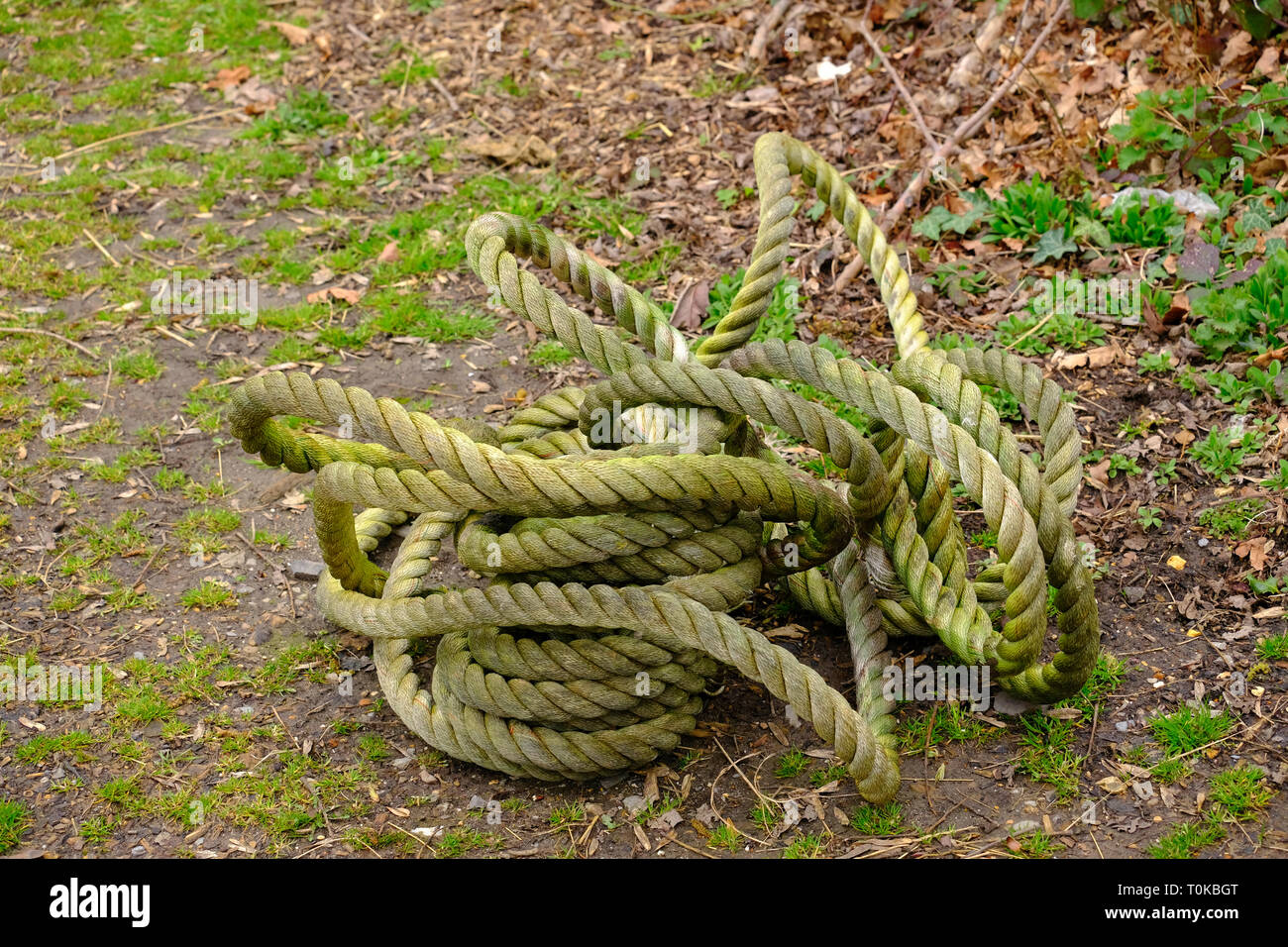 Robustes Seil mit grünem Gras gewunden Färbung Stockfoto