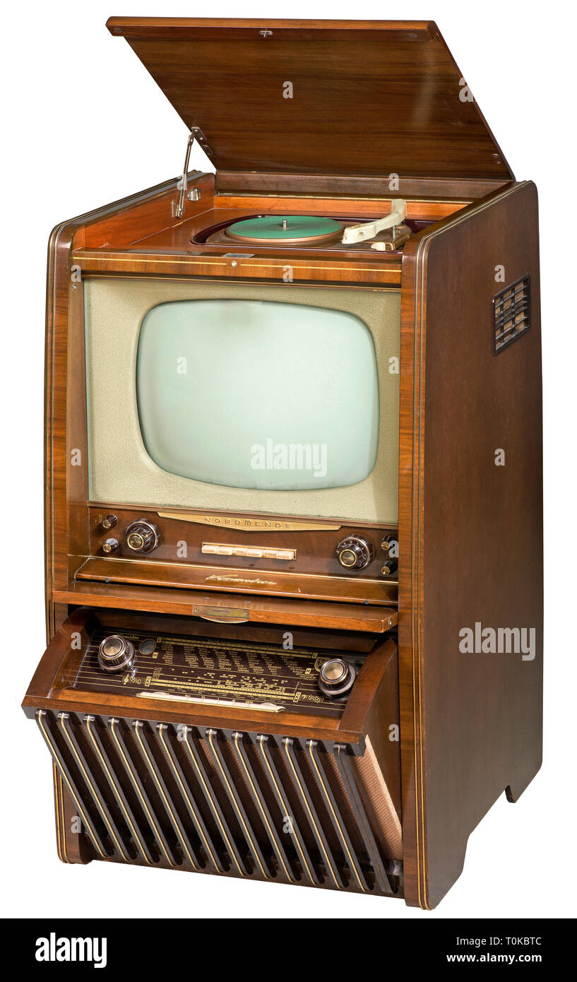 Rundfunk, Fernsehen, Kombinierte eigenständige Fernseher Nordmende  Kommodore-Phono 58, Baujahr: 1957, Fernsehen, Schrank mit integriertem Radio,  Plattenspieler, mit 43 cm Bildröhre, original Preis 1957: 1558 DM,  Deutschland, 1957, Additional-Rights ...