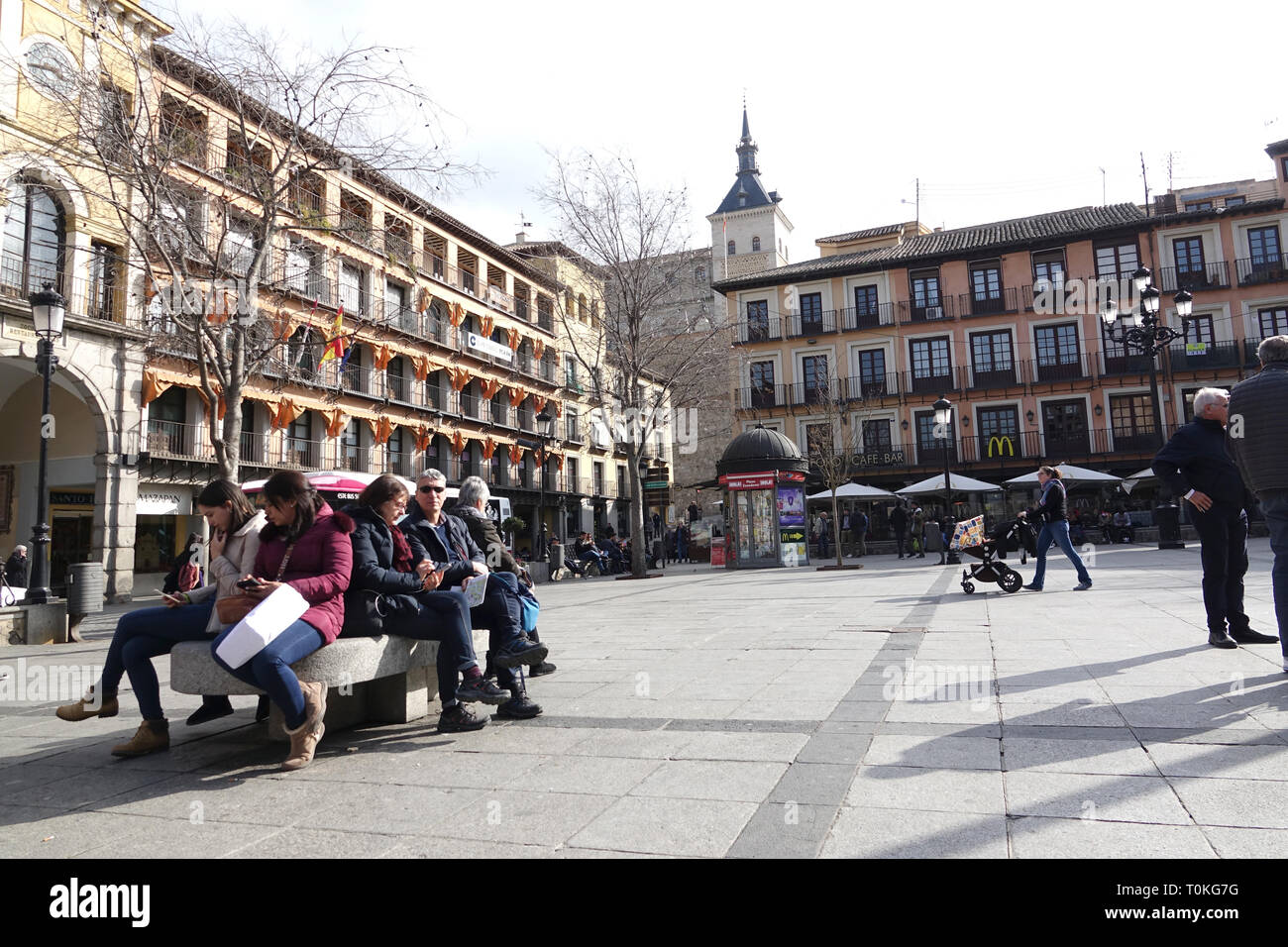 TOLEDO - SPANIEN - Feb 20, 2019: Die Plaza de Zocodover ist ein Quadrat von Toledo, in der autonomen Gemeinschaft Kastilien-La Mancha, Spanien Stockfoto