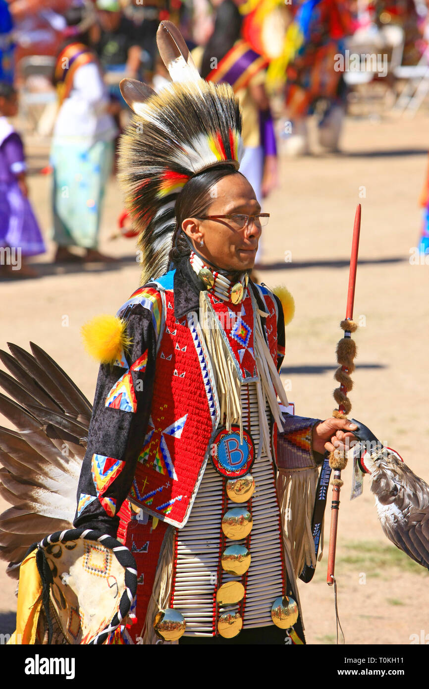 Männliche Native America Krieger in den zeremoniellen Kostüme an der Wa: k Pow Wow auf odham Buchung der Tohono O'in Arizona Stockfoto