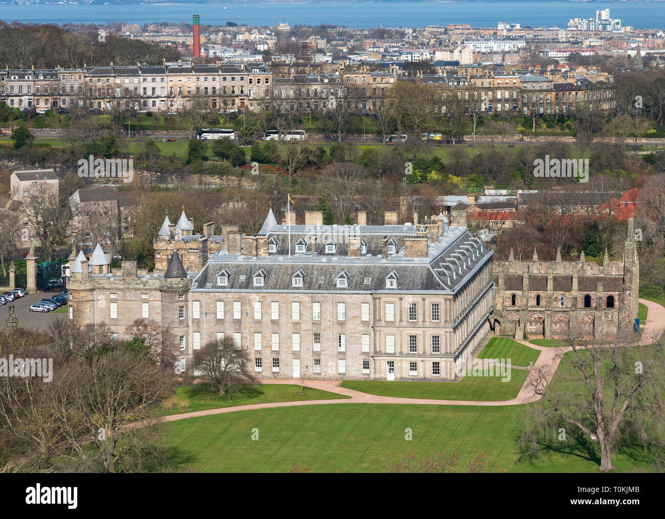 Allgemeine Ansicht der Palast von Holyroodhouse in Holyrood, Edinburgh, Schottland, Großbritannien Stockfoto