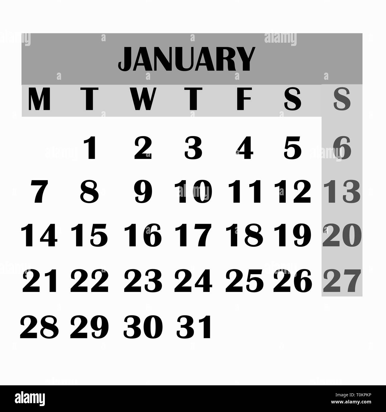 Kalender design Monat Januar 2019. 2019 Kalender. Einfaches Design für Kalender 2019. Kalender für Organisation und Business. Woche beginnt am Montag. Stockfoto