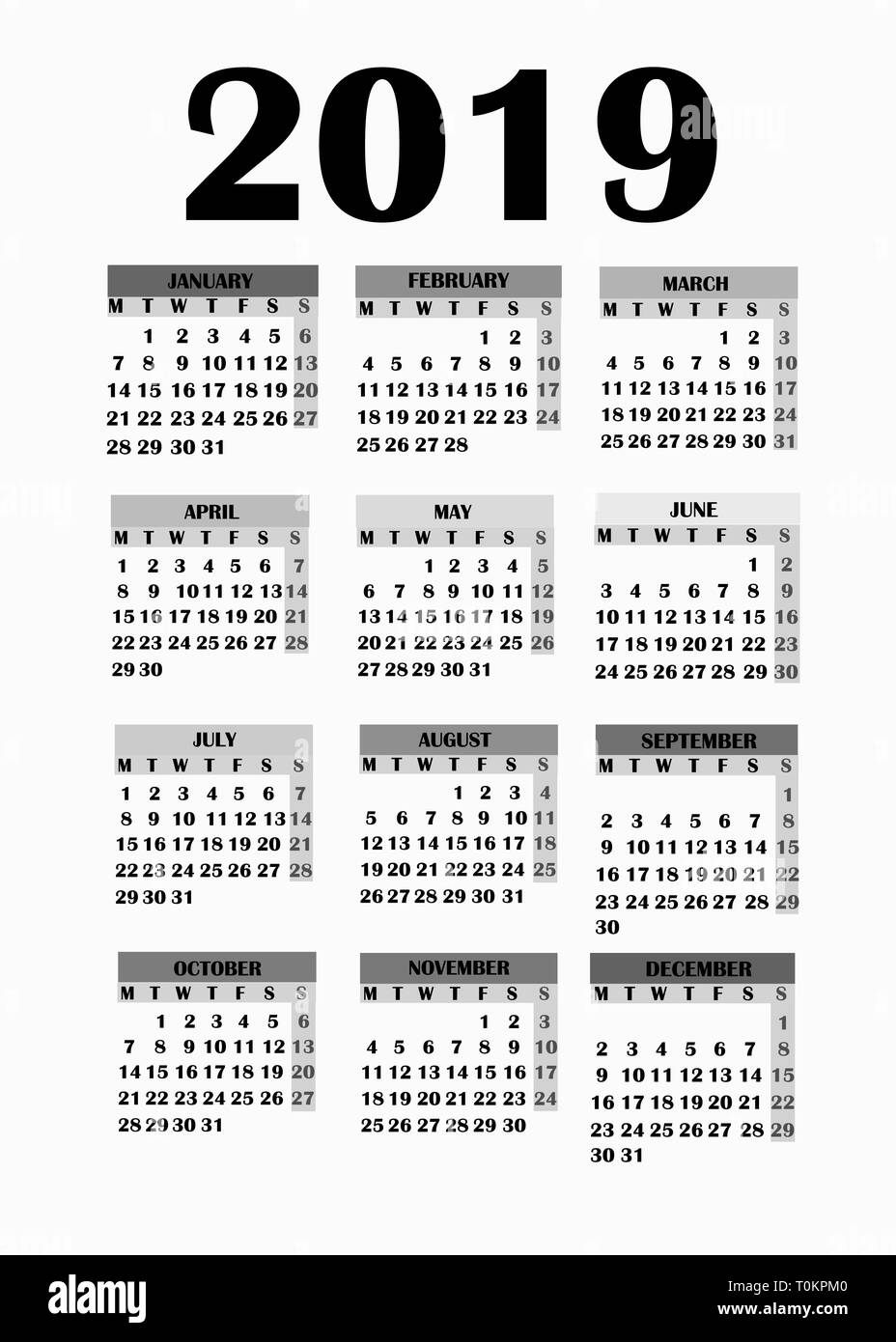 2019 Kalender. Einfaches Design für Kalender 2019. Kalender auf weißem Hintergrund für Organisation und Business. Woche beginnt am Montag. Stockfoto