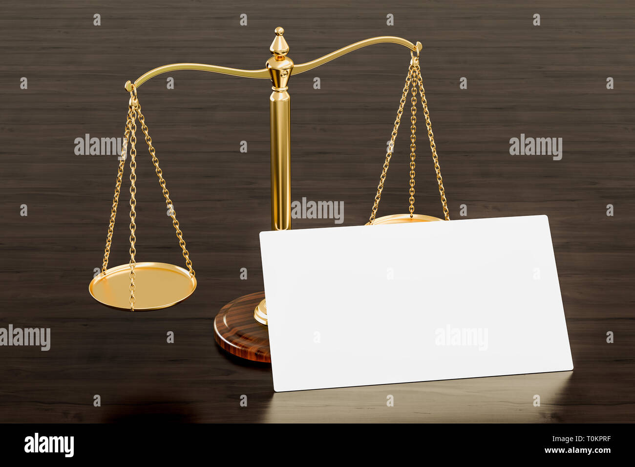 Leere Visitenkarte für Rechtsanwalt, Anwaltskanzlei oder Notar auf der hölzernen Schreibtisch Hintergrund. 3D-Rendering Stockfoto