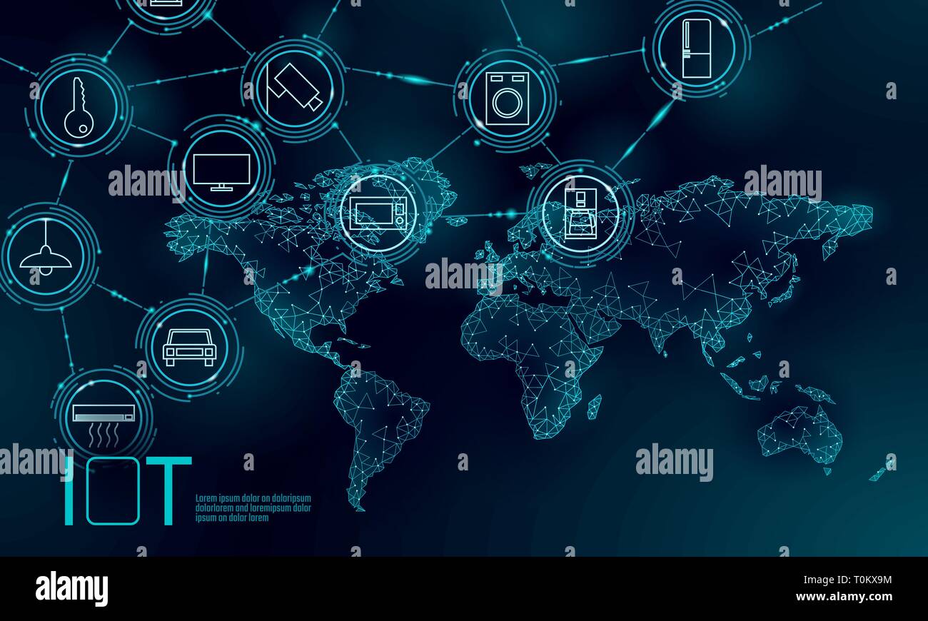 Blue Space Planet Erde Internet der Dinge Symbol innovation Technologie Konzept. Drahtlose Kommunikation Netzwerk IOT IKT. Intelligentes System Automation Stock Vektor