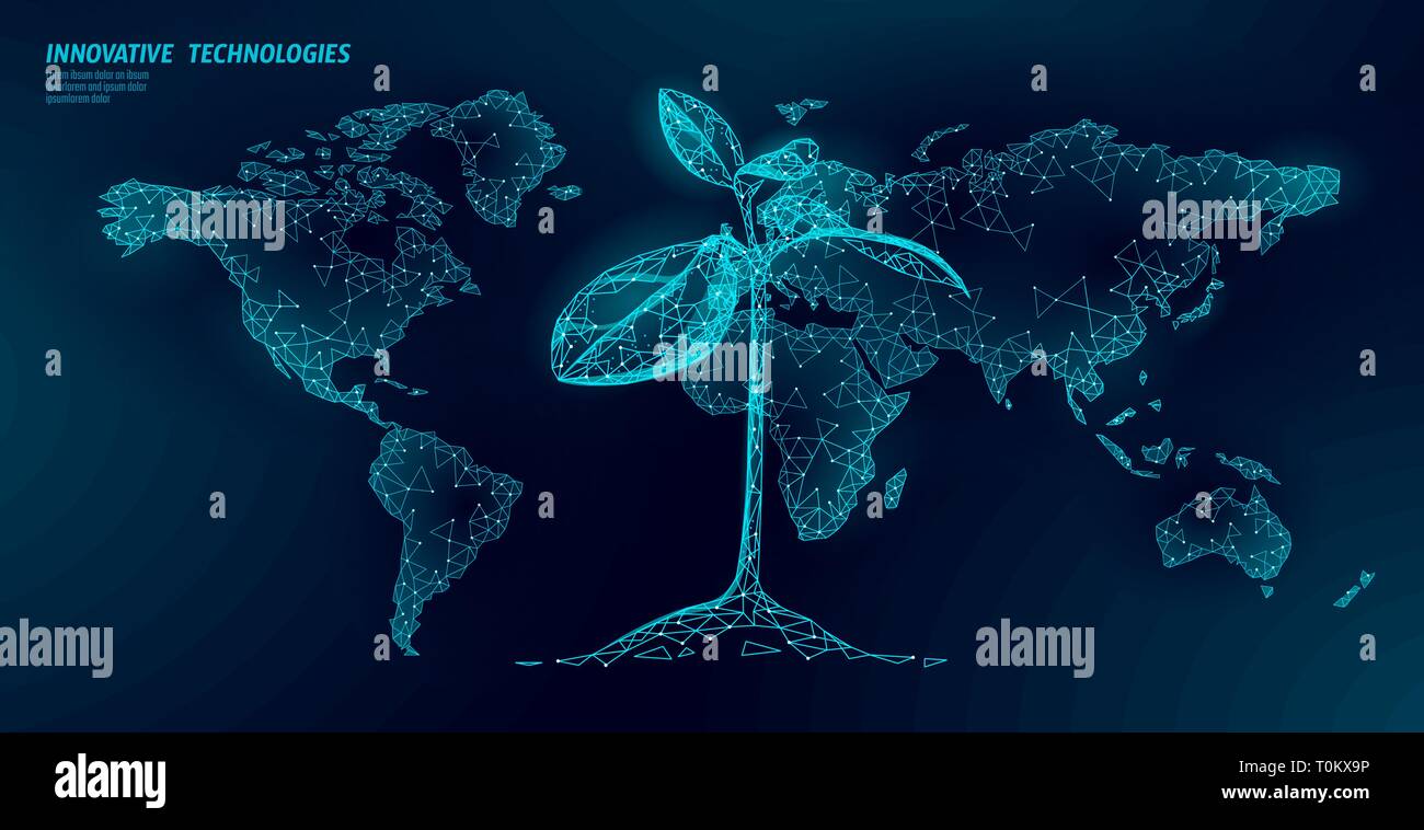 Pflanze sprießen Ökologische abstraktes Konzept. 3D-Render Sämling Baum Blätter. Planeten Erde Natur Umwelt wachsen Leben eco polygon Dreiecke niedrig Stock Vektor