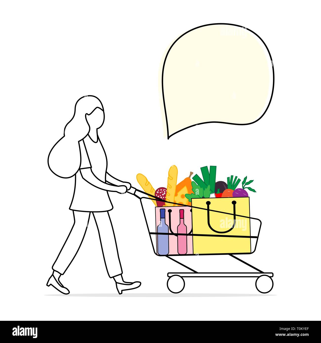 Vector Illustration mit Frau, die einen Warenkorb mit Speisen und Getränke aus dem Supermarkt. Shopping Konzept. Design für Ansage, advertis Stock Vektor