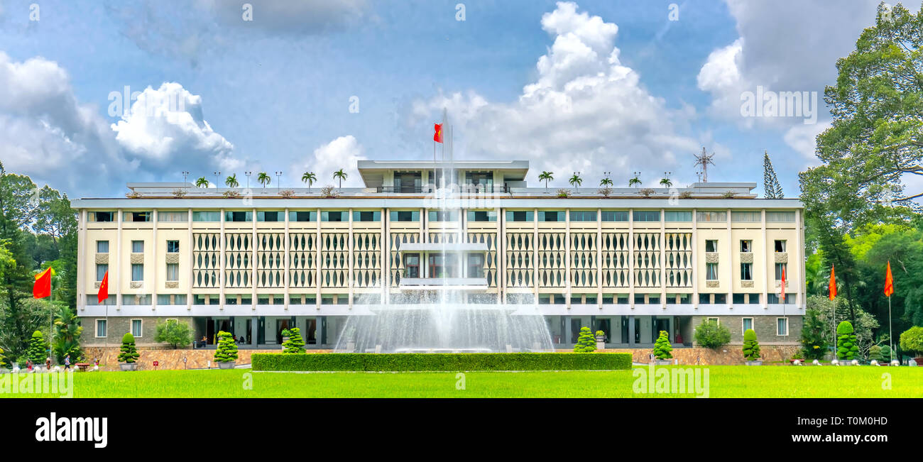 Vorderansicht Palast der Wiedervereinigung, der die Arbeit des Präsidenten und der Regierung National Historic sites in Ho Chi Minh City, Vietnam zu erkennen Stockfoto