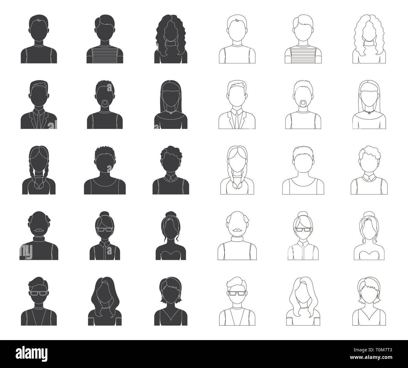 Avatar und schwarzen Gesicht, umriss Symbole im Set Sammlung für Design. Eine Person aussehen Vektor Symbol lieferbar Abbildung. Stock Vektor