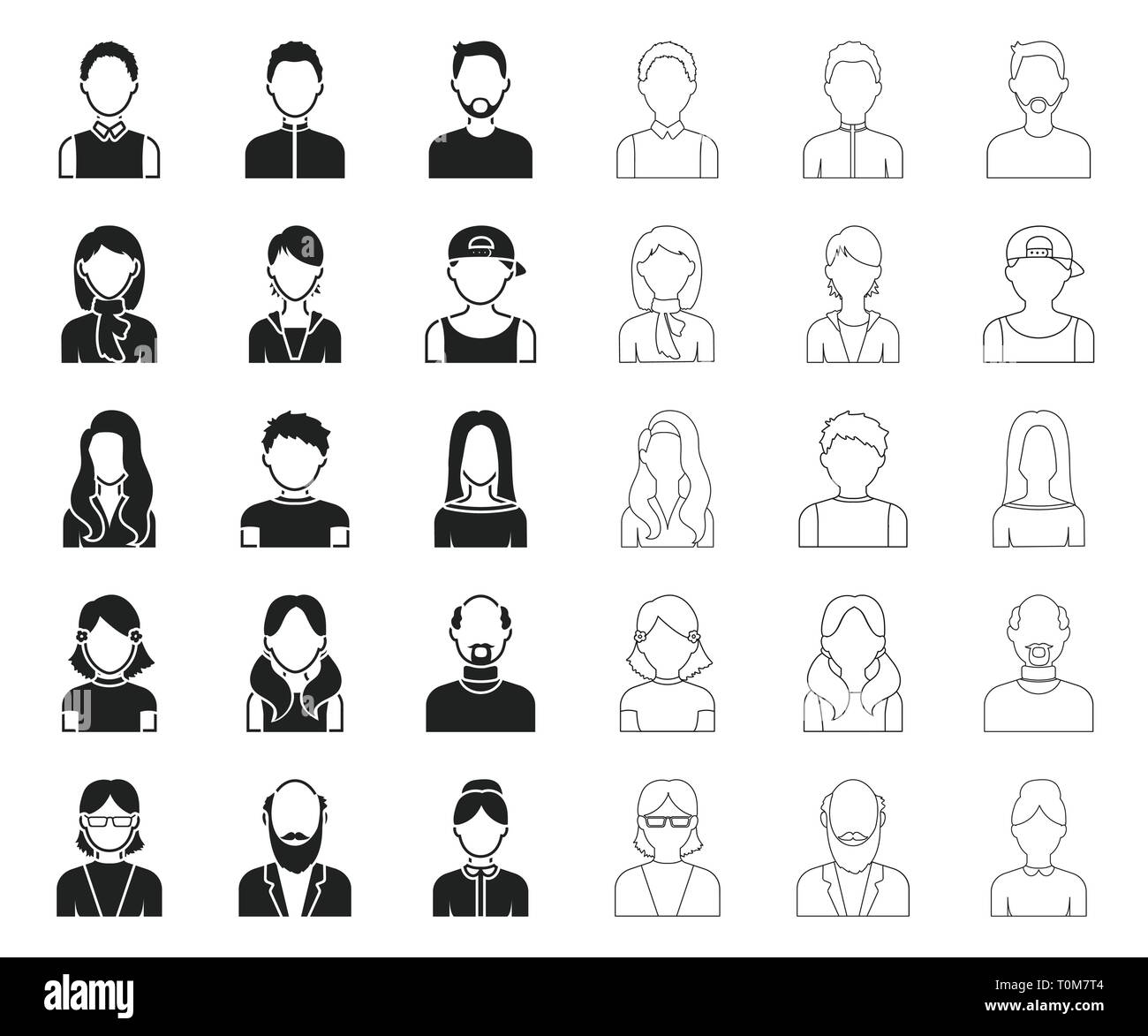 Avatar und schwarzen Gesicht, umriss Symbole im Set Sammlung für Design. Eine Person aussehen Vektor Symbol lieferbar Abbildung. Stock Vektor