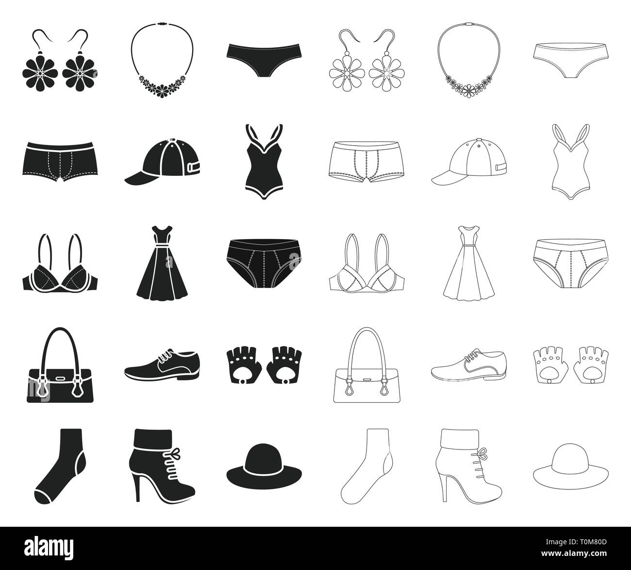 Kleidung und Accessoires schwarz, umriss Symbole im Set Sammlung für Design. Schuhe und Dekoration vektor Symbol lieferbar Abbildung. Stock Vektor