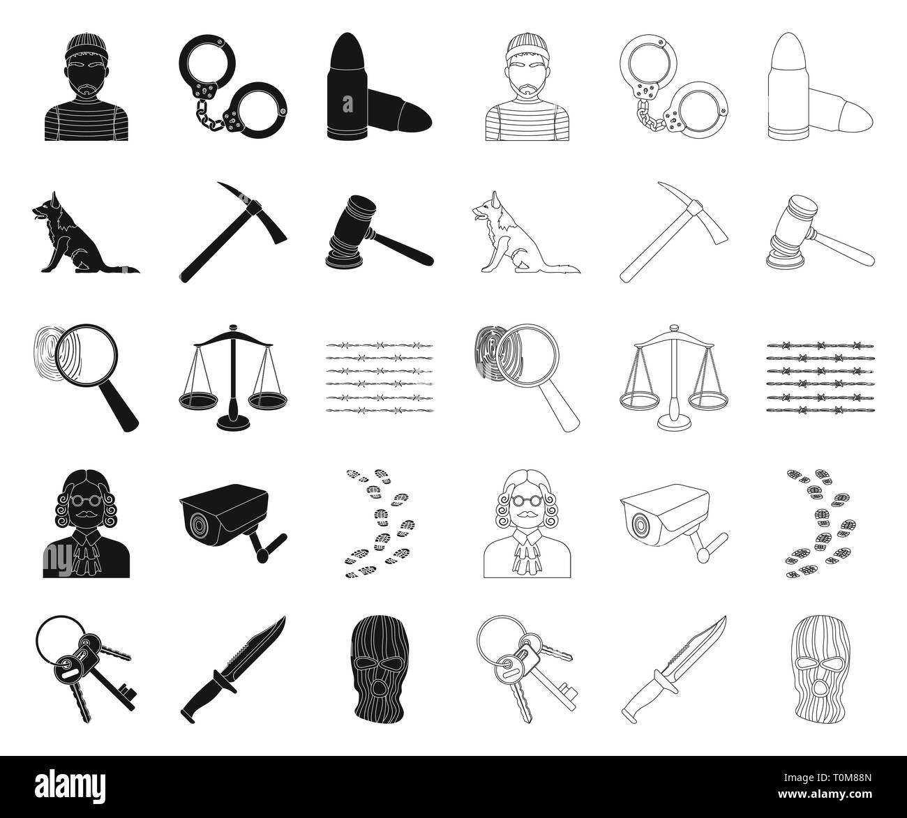 Arrestant, Attribute, ax, Stacheldraht, schwarz, Outline, Bullet, Bündel, Kamera, Sammlung, Kriminalität, Strafrecht, Entbehrungen, Design, Hund, Finger, Fingerabdruck, Blumen, Hammer, Handschellen, Hut, Icon, Illustration, Haft, gehören, isoliert, Richter, Gerechtigkeit, Messer, Recht, Lupe, Maske, Patron, Spitzhacke, Gefängnis, Gefangenen, Bestrafung, Puzzle, Waagen, Set, Hirte, Zeichen, Symbol, Schwanz, Zunge, Rankgitter, Vector, Video, Waffe, Perücke, Kabel Vektor Vektoren, Stock Vektor