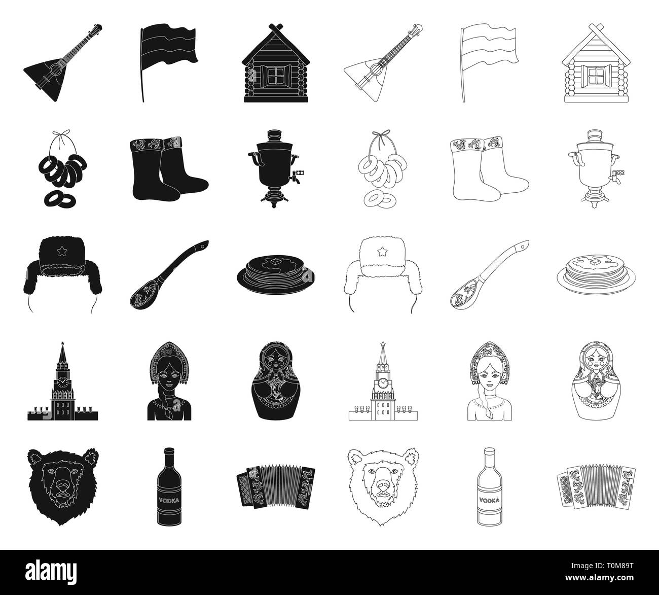 Akkordeon, Sehenswürdigkeiten, Balalaika, Bajan, Bär, Birke, schwarz, Outline, Stiefel, Flasche, Braun, klassische, Sammlung, Land, Kultur, Brauchtum, Design, Donut, Funktion, Filz, Flagge, Glas, harmonisch, Haus, Icon, Illustration, isoliert, Kreml, Logo, matrjoschka, Maulkorb, nationalen, Pfannkuchen, Russland, Russisch, Samowar, gesetzt, Blick, Zeichen, Löffel, Symbol, das Hoheitsgebiet, die traditionelle, Reisen, Baum, ushanka, Vector, Wodka, Winter, Frau, Holz- Vektor Vektoren, Stock Vektor