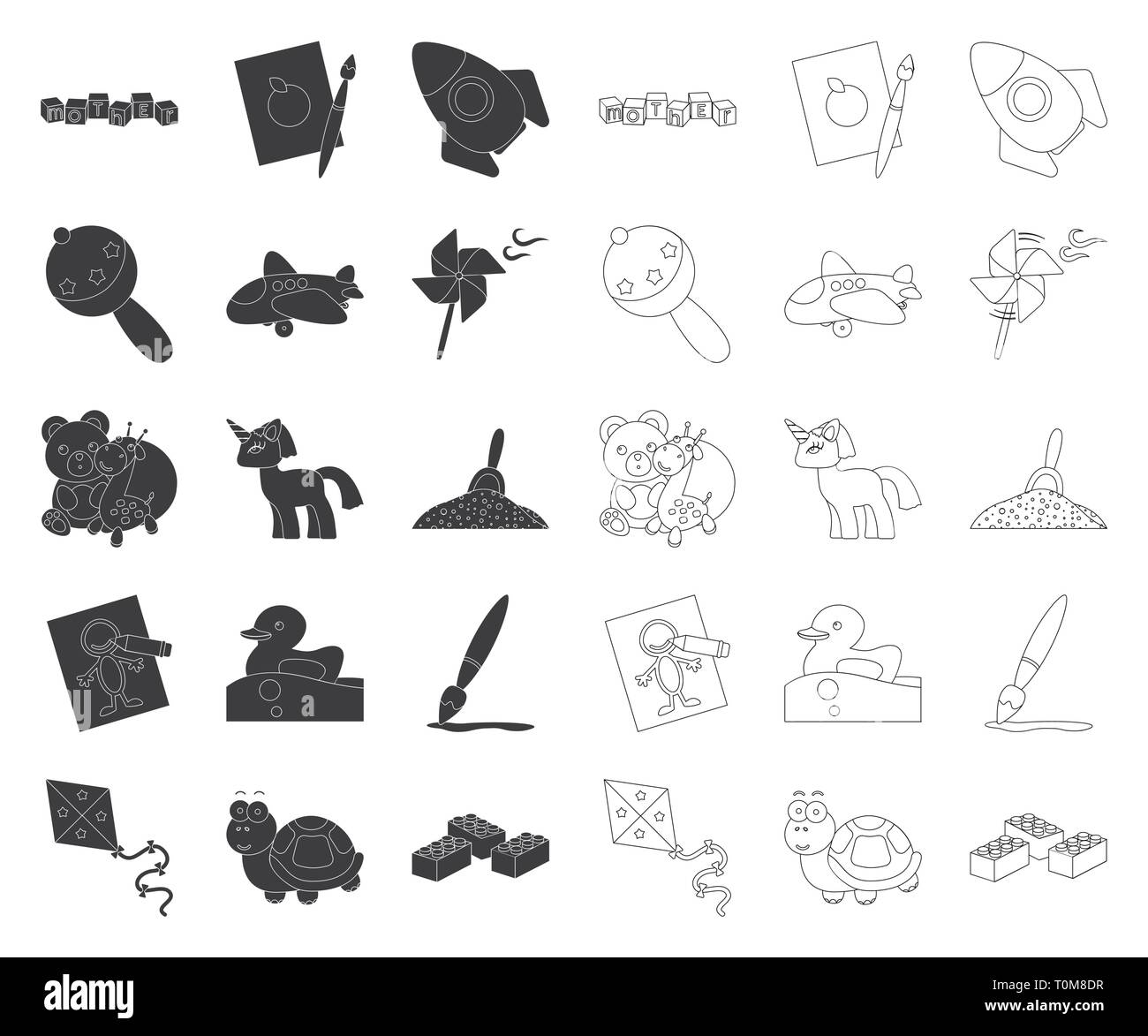 Kinder Spielzeug schwarz, umriss Symbole im Set Sammlung für Design. Spiel und christbaumkugel Vektor Symbol lieferbar Abbildung. Stock Vektor