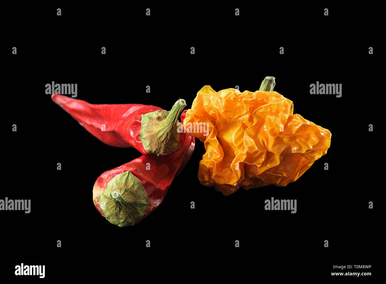 Red chili peppers und gelben Habanero auf schwarzem Hintergrund Stockfoto