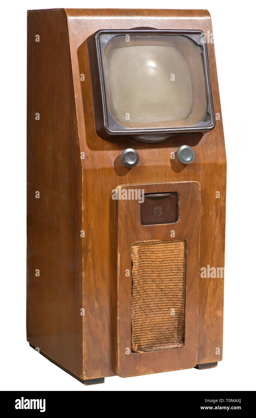 Rundfunk, Fernsehen, Pye standalone Fernseher D 16 T, erste Englische Version der Nachkriegszeit, Bildschirm 9 Zoll, Betriebsmittel unter der Kunststoffabdeckung verborgen, Großbritannien, 1946, Additional-Rights - Clearance-Info - Not-Available Stockfoto