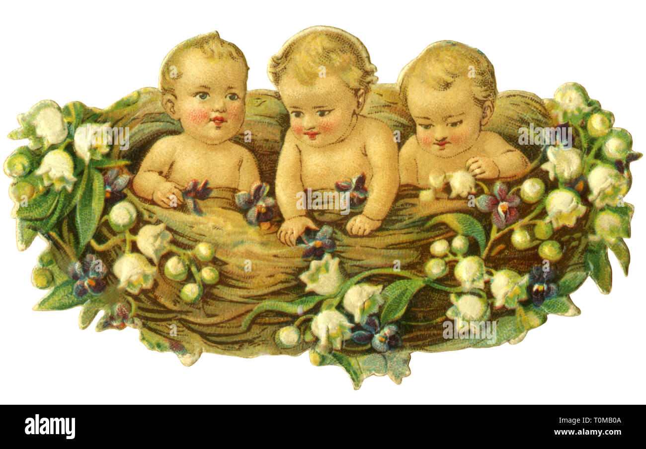 Kitsch, drei Babys im Nest, Lithographie, Deutschland, ca. 1890,- Additional-Rights Clearance-Info - Not-Available Stockfoto