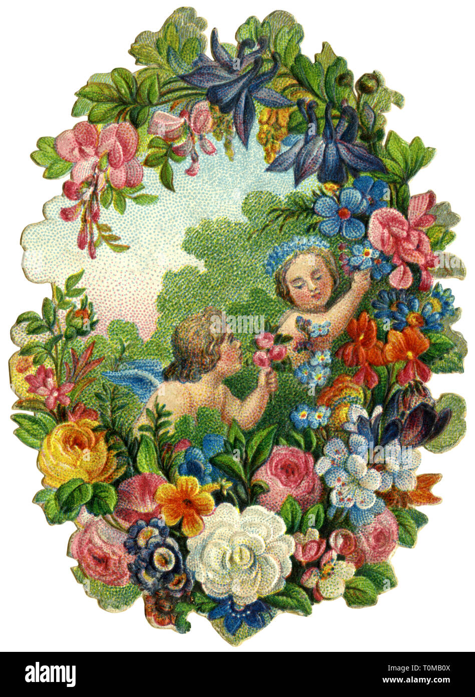 Kitsch, zwei kleine Engel Blumen pflücken, Lithographie, Deutschland, ca. 1885,- Additional-Rights Clearance-Info - Not-Available Stockfoto